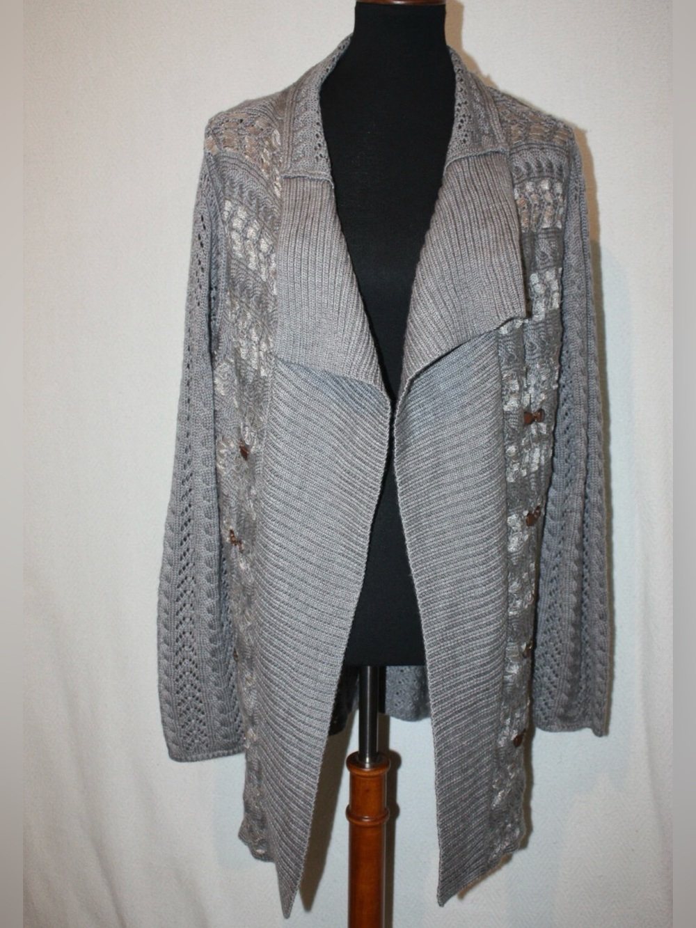 Coldwater Creek Gray Open Front Open Knit Weave Wool Blend Cardigan Sweater M